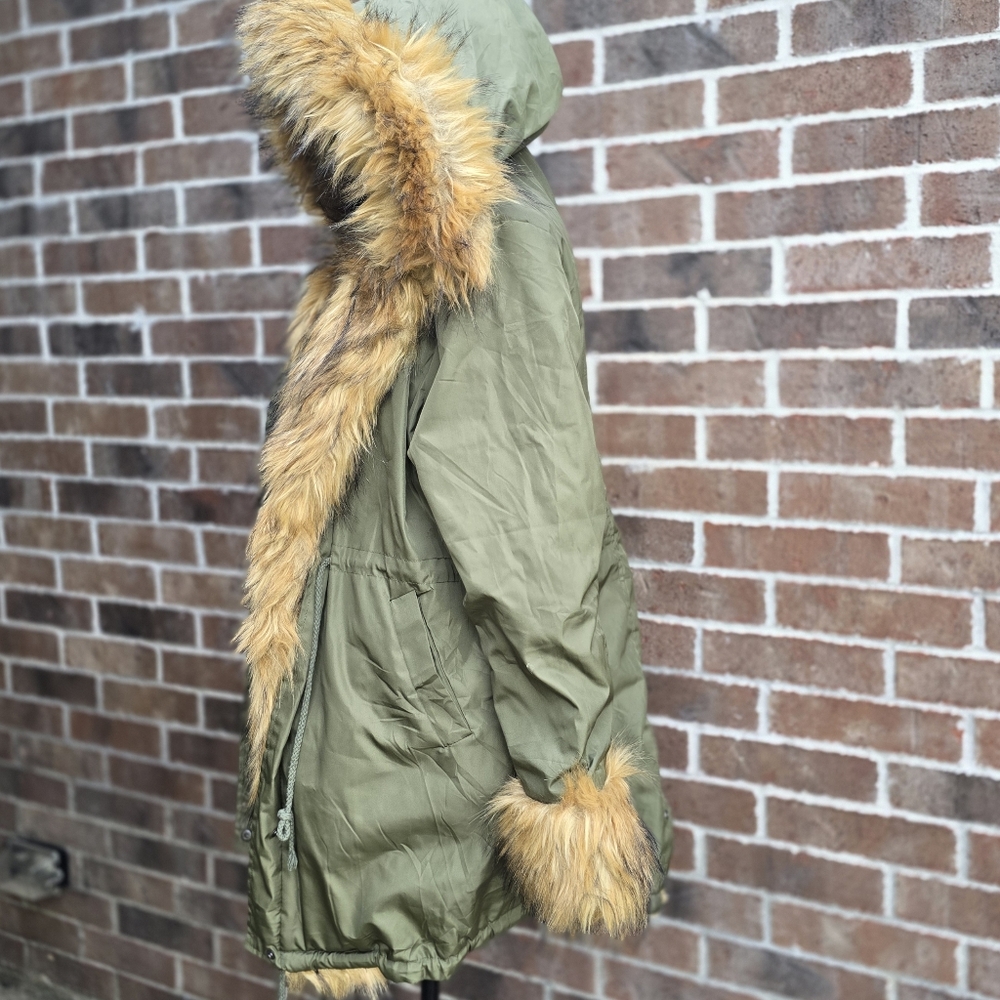 Olive Green Faux Fur Trim Parka Coat - Picture 8 of 15
